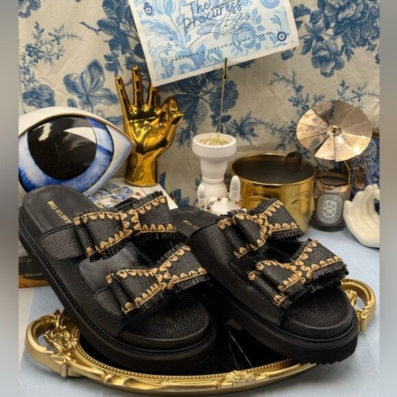 🆕 KG KURT GEIGER 🧿 NWOB Robbie Bow-Embellished Black Raffia Sandals - Sz US 10 - Picture 9 of 16